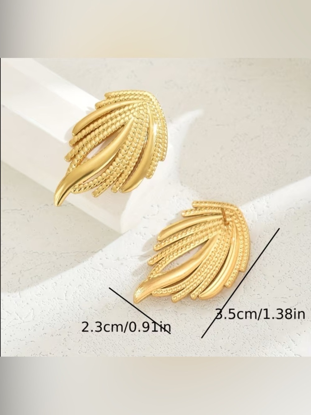 Textured Gold Leaf Stud Earrings for Women - Picture 4 of 4